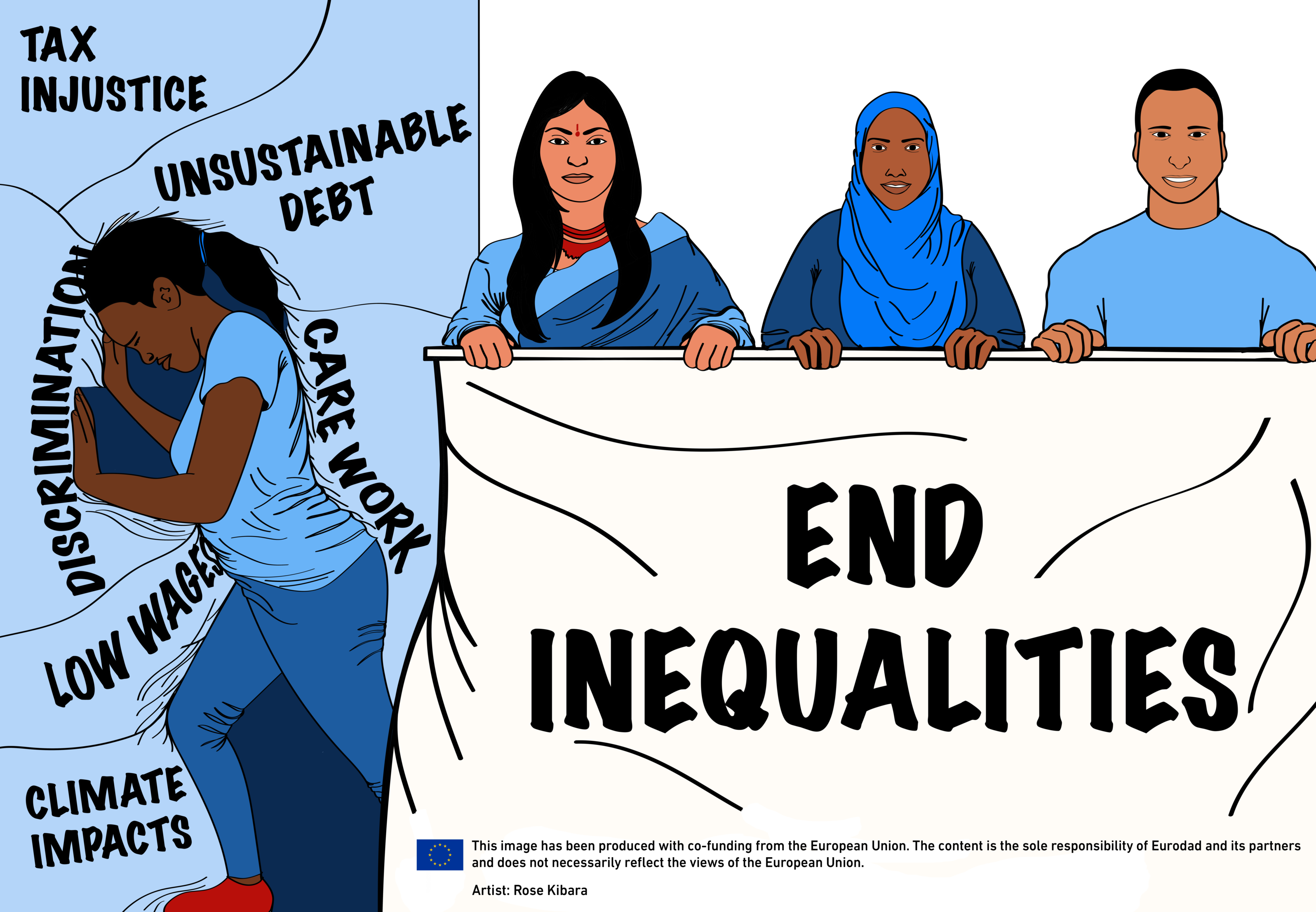 Illustration depicting the global forces and features of our economy that can be oppressive on individuals, and campaigners holding a banner that says 'End Inequalities'