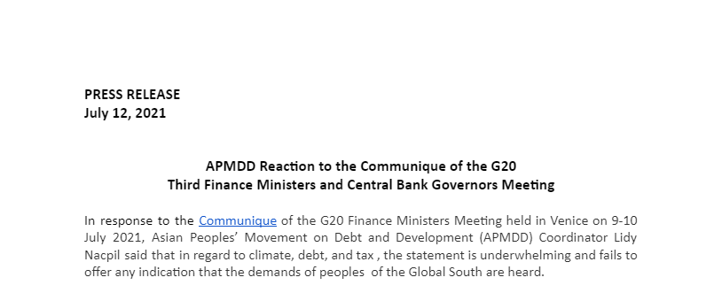 APMDD Reaction to the Communique of the G20 Third Finance Ministers and Central Bank Governors Meeting