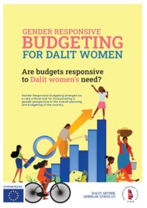 Cover image of report on Gender Responsive Budgeting for Dalit Women (images of active women and girls and graphs)